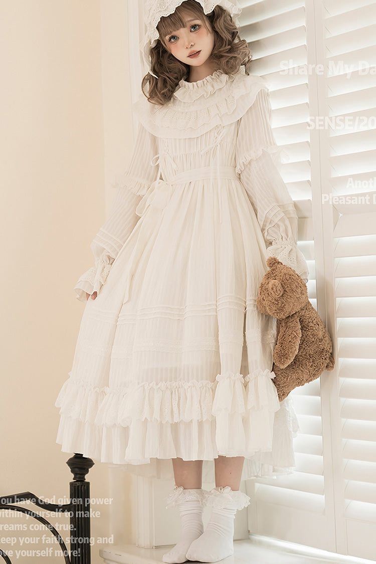 Ivory Long Sleeve Double Ruffle Bow Lace-Up Holy Dress