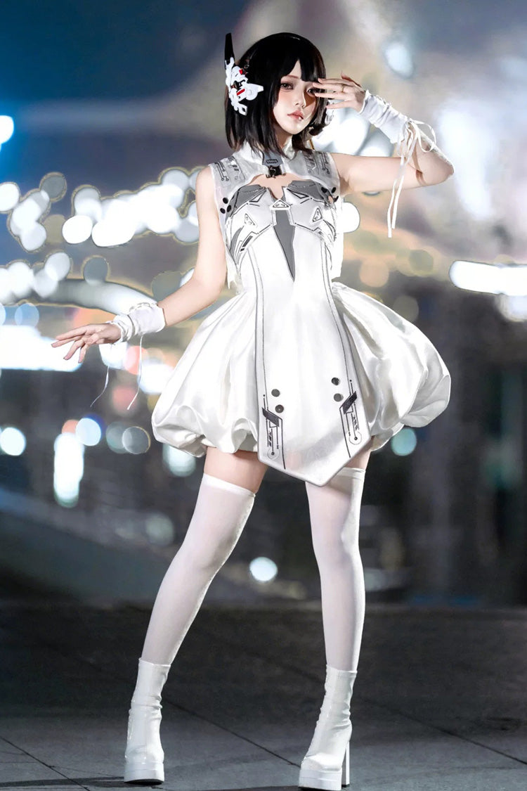 Ivory Printed Sci-Fi Techwear Punk JSK Dress Set - Tech Light Realm