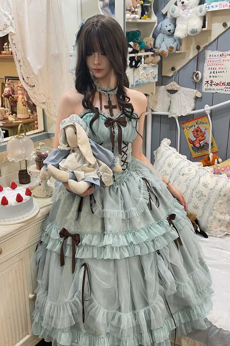 Mint Green Cross Halterneck Lace-Up Princess Sweet Lolita Dress - Ruffled Lace