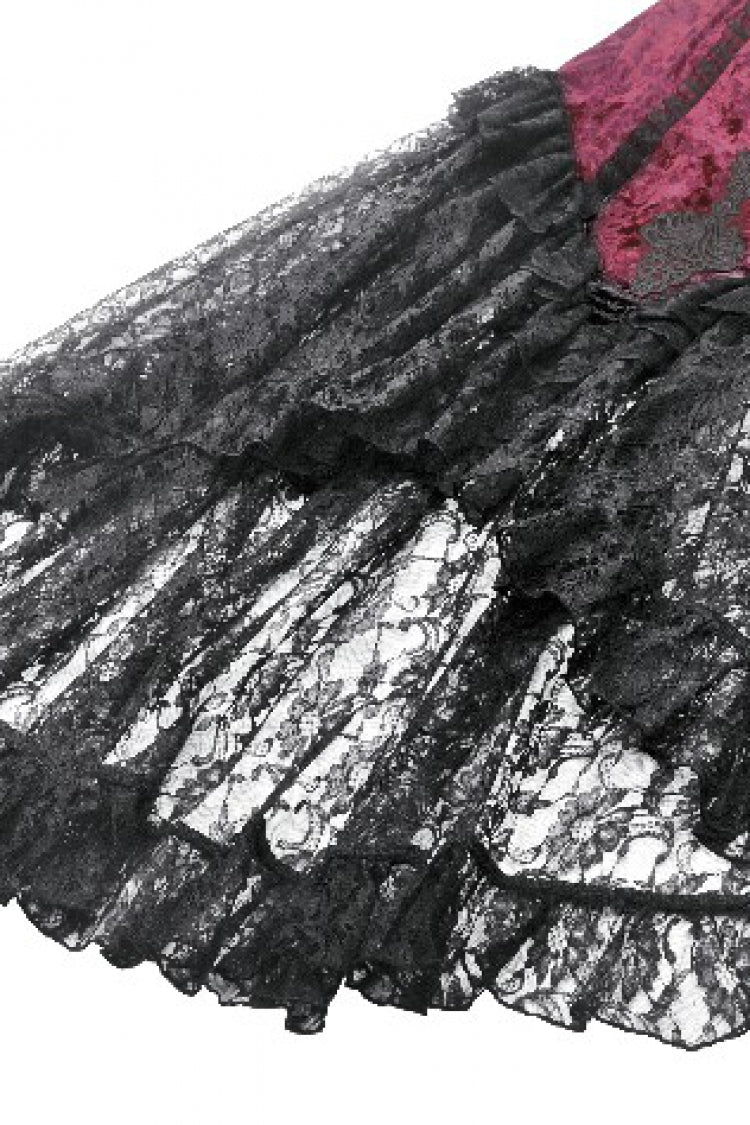 Crimson & Noir Velvet & Lace Lace-Up High-Low Maxi Gothic Skirt