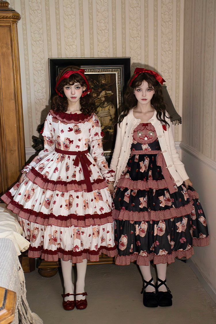 Blush Pink & White Berry Farm Print Long-Sleeve Layered Ruffled Sweet Lolita Gown