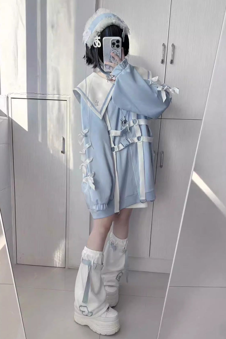Sailor Collar Long Sleeve Cross Print Bow Coat - Jirai Kei