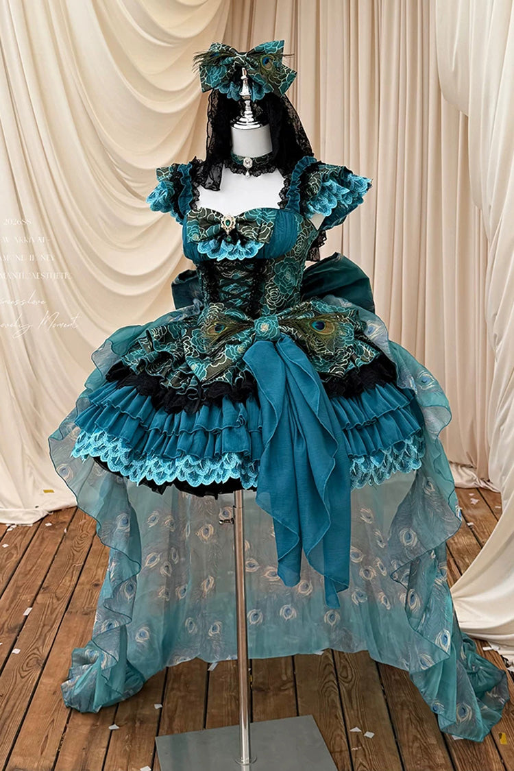 Peacock Sleeveless Ruffled Bow Lace-Up Elegant Lolita JSK - Blue/Green