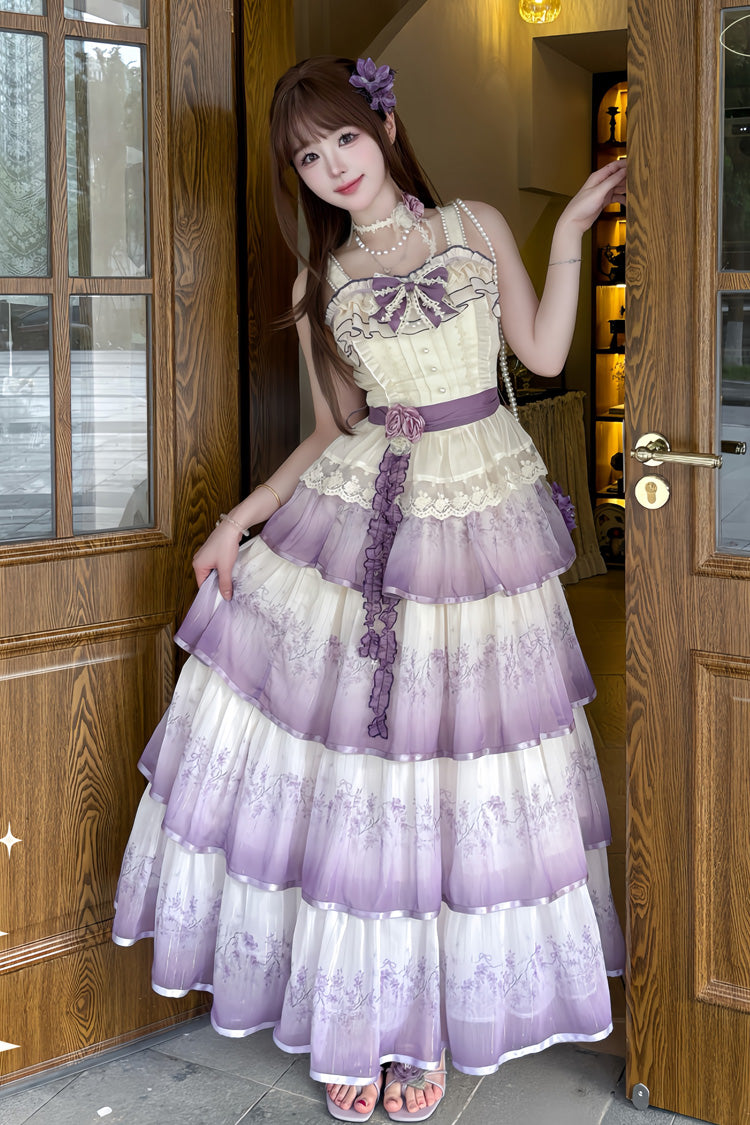 Violet Lilac Thoughts Sleeveless Gradient Multi Printed Ruffled Lace Dress Set