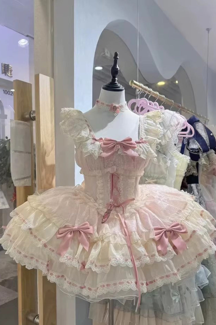 Pink Double-Layered Ruffled Bow Lace-Up Sweet Ballet JSK - Flory Butterfly