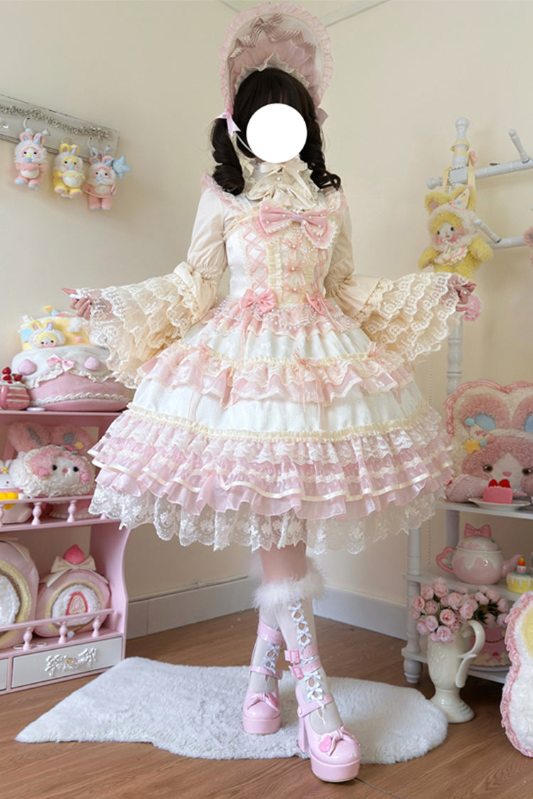 Sweet Lace JSK Dress with Ruffle Bow in Apricot