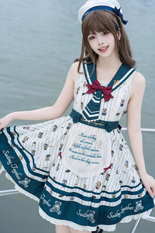 Bear Print Navy Ruffle Bow Princess JSK Dress in Blue White