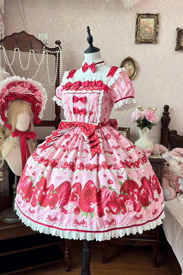 Strawberry Gift Box Pink Short Sleeves Print Ruffle Bowknot Lace Sweet Dress