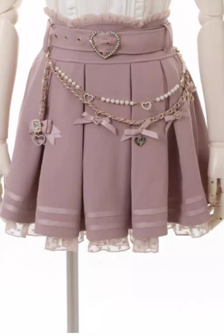 Pretty Heart-Belt Printed Ruffled Pearl and Chain Decorated Plus-Size Pleated Skirt