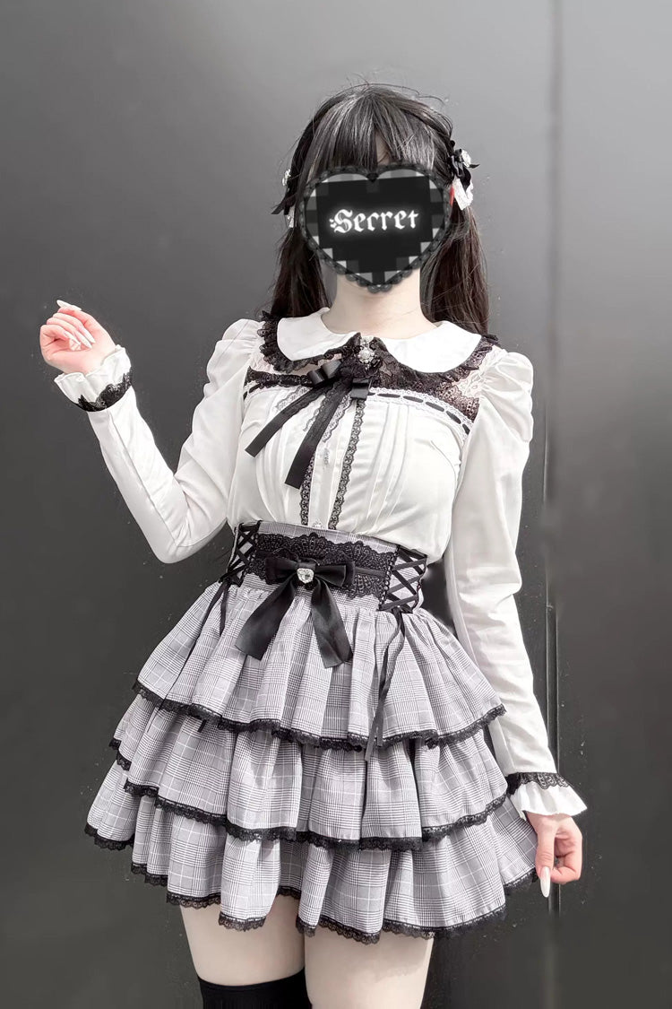Doll Collar Triple Layered Ruffled Bow Lace Jirai Skirt and Blouse Set in Two Colors