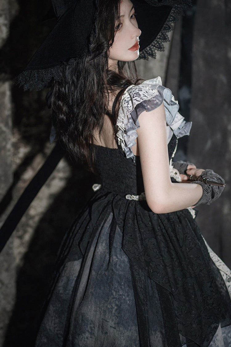 Ink Lace Sleeveless Gown with Poetic Print and Flowing Hem