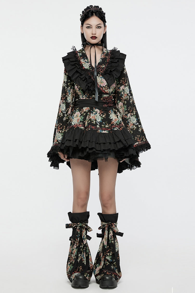 Floral Printed Long-Sleeved Gothic Lolita Kimono Dress Set