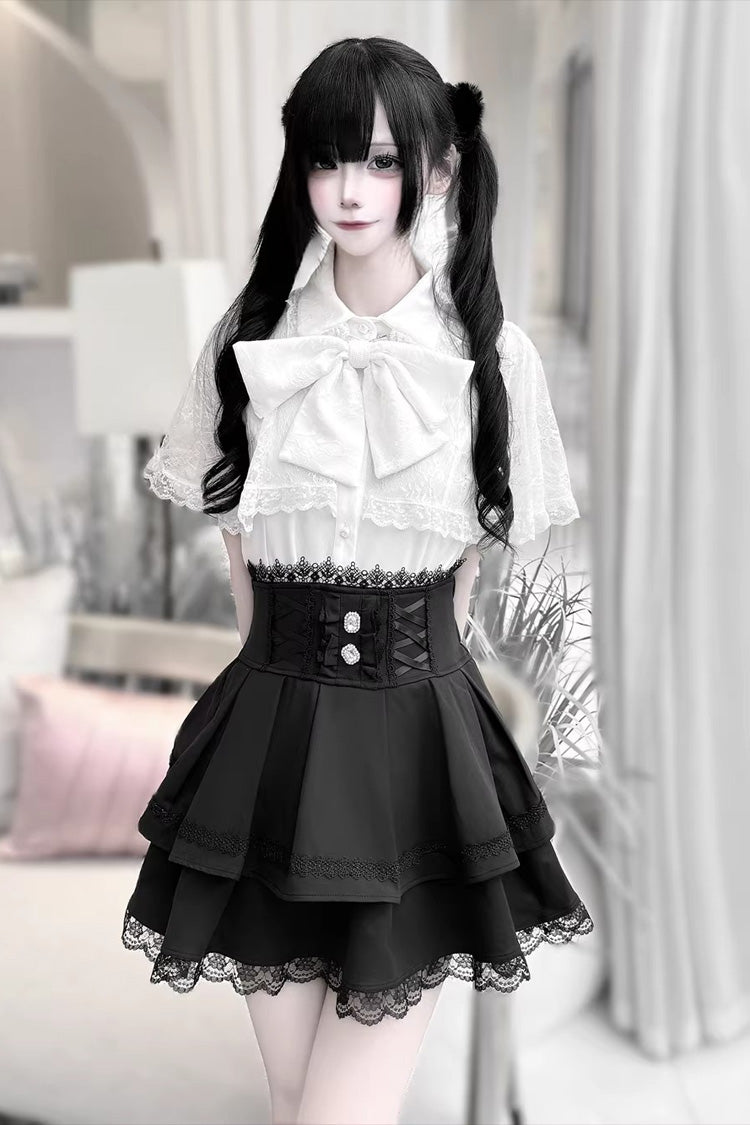 Dark Moon Shadow Double Layered Ruffled Embroidered Lace Up Gothic Lolita Set