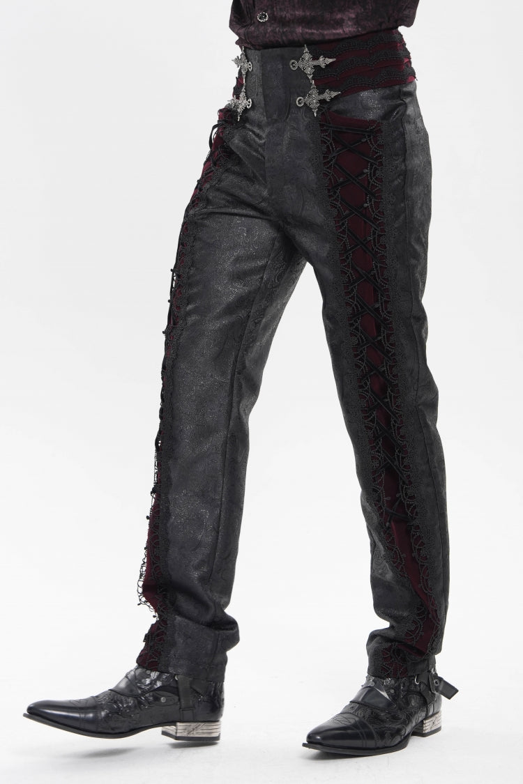Crimson & Noir Jacquard Lace-Up Slim Velvet Palazzo Trousers for Men