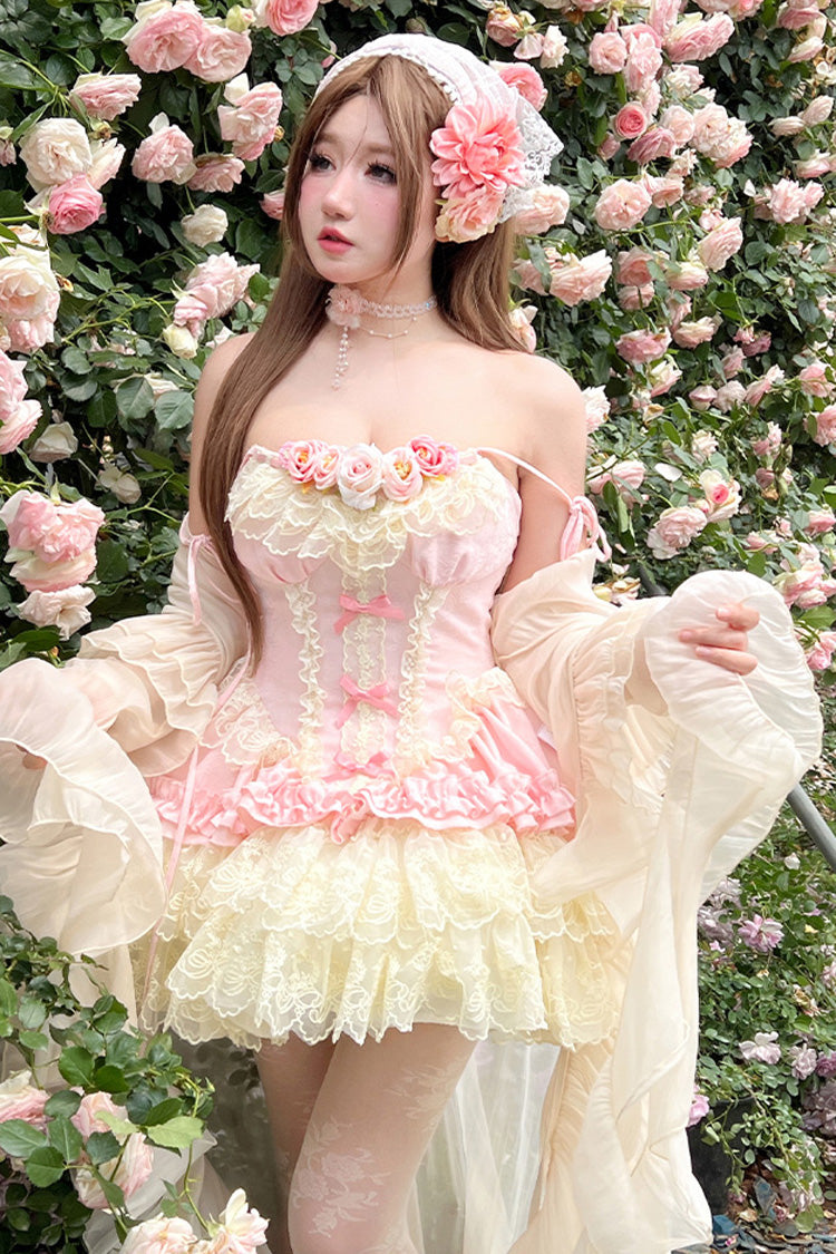Pink Multi-Layered Ruffled Embroidered Bow Lace Sweet Lolita JSK Dress