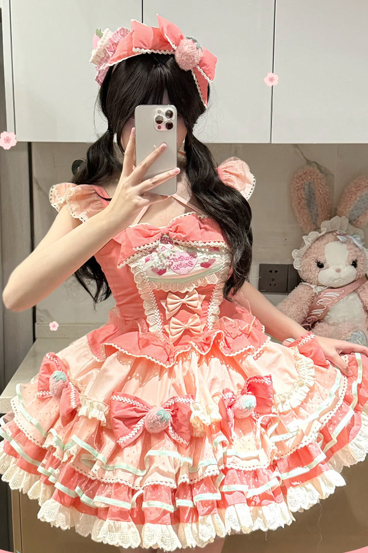 Pink Tiered Sweet Lolita Dress with Print and Multi-Layered Ruffle Bowknot