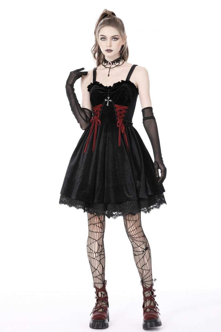 Crimson & Black Cross Lace-Up Velvet Slip Dress