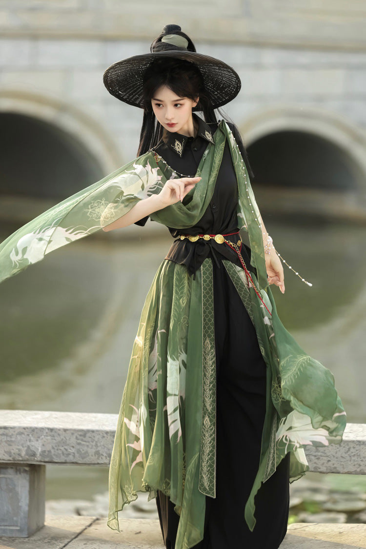 Embroidered Lapel Collar Short Sleeve Wuxia Hanfu Pants Set