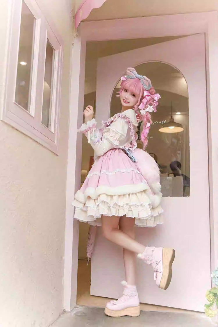 Pale Pink & White Little Fox Multi-Layer Ruffled Bow Long-Sleeve Sweet Lolita Dress