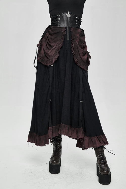 Printed Drawstring Burgundy Steampunk Half Skirt