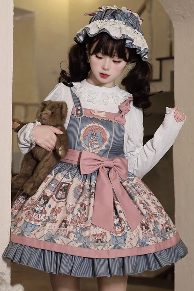 Blue Doll Print Bow Sweet Strap Dress