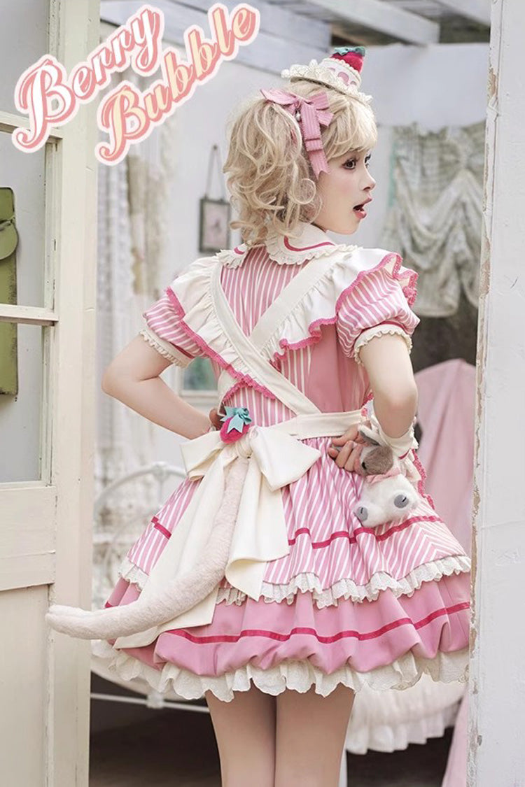 Pink Berry Bubbles Stripe Print Ruffle Bow Lace Sweet Lolita Dress