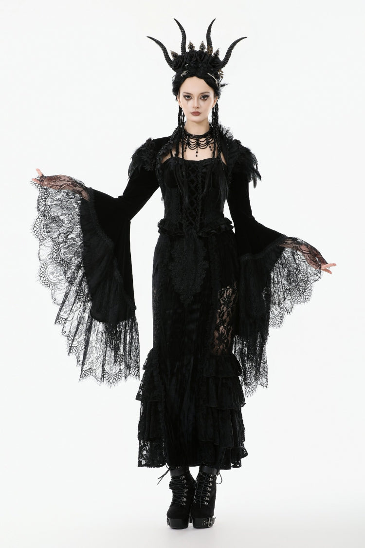 Spliced Velvet Long Flared Sleeve Floral Feather Gothic Cape for Women Lace
