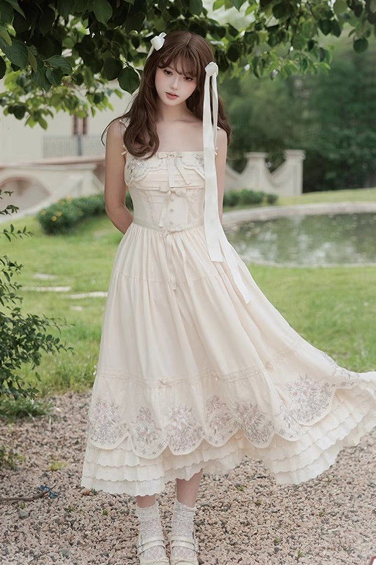 Apricot Princess Lolita JSK Dress with Triple-Layer Ruffles Embroidery Bowknot and Lace