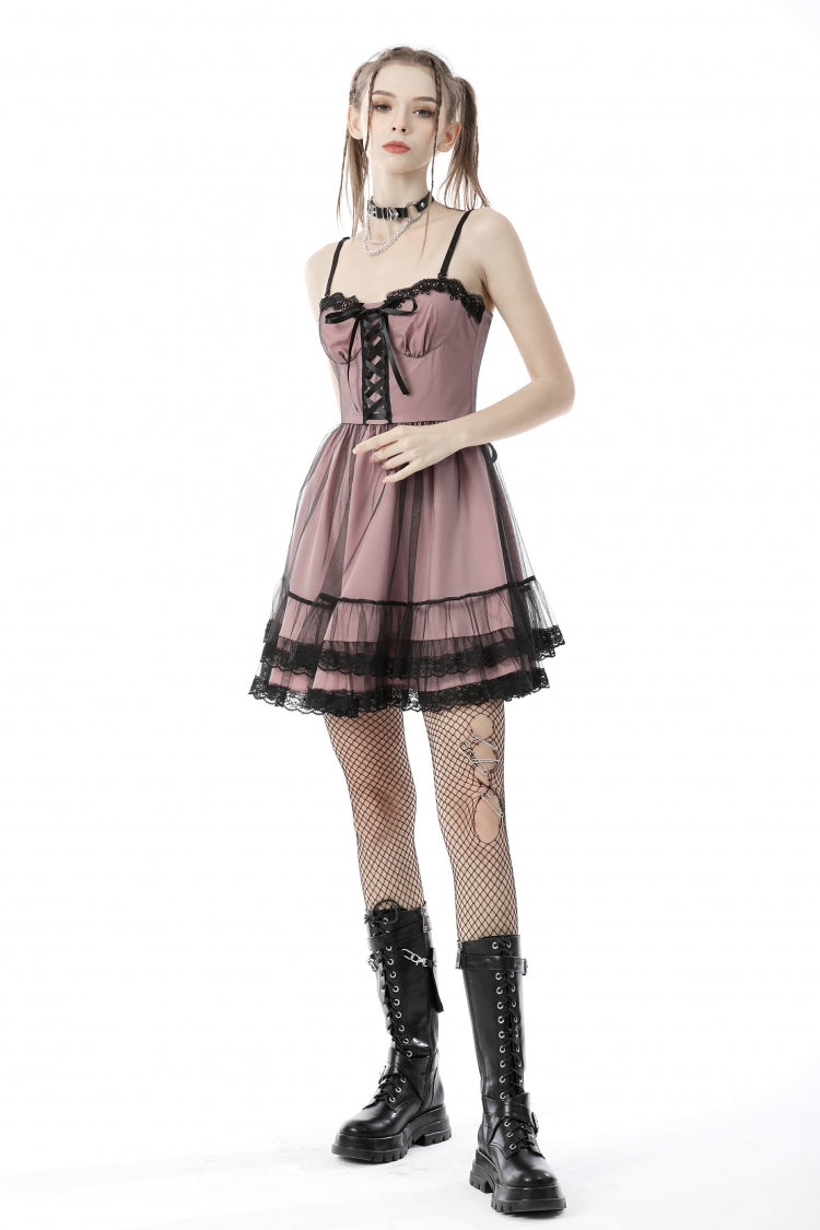 Sleeveless Multi-Layered Lace Lolita Slip Graduation Dress - Pink