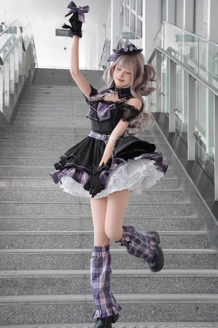 Dark Night Rose Violet Boat Neck Plaid Ruffled Chain-Decorated Gothic Lolita Dress - Dark Night Rose