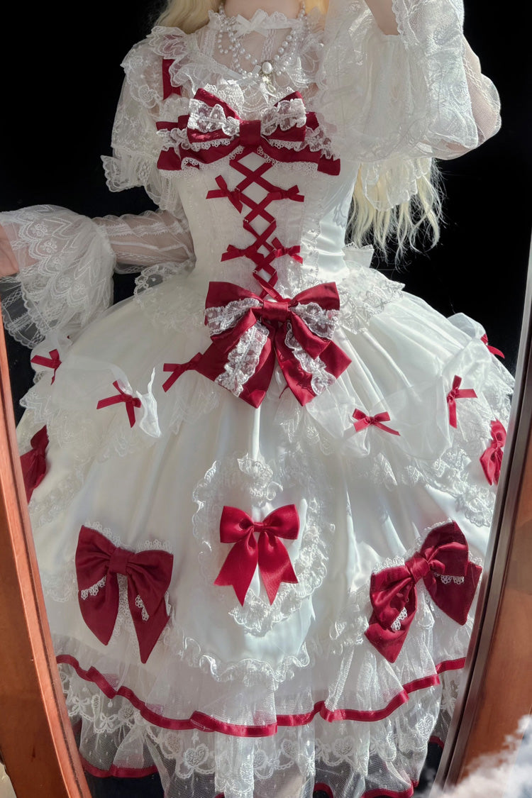 Ivory and Scarlet Heart Sleeveless Layered Embroidered Bow Lace-Up Sweet Lolita JSK