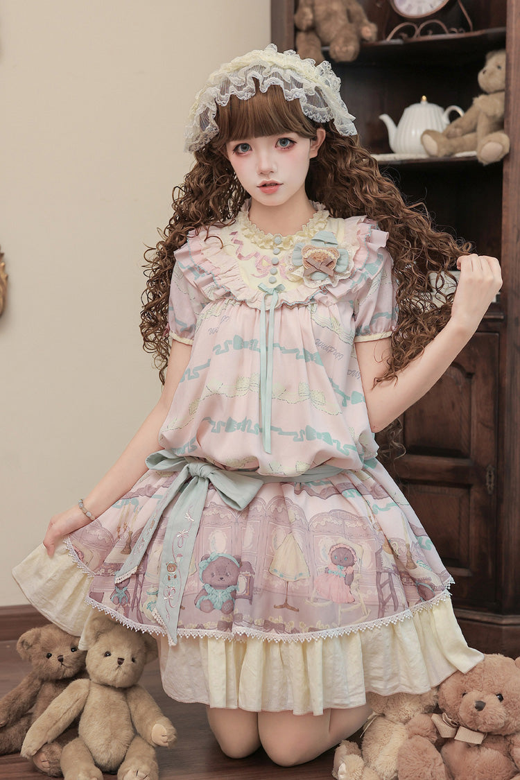 Brown Dollhouse Short Sleeves Bear Printed Ruffled Bow Sweet Lolita Dress Set - Pink