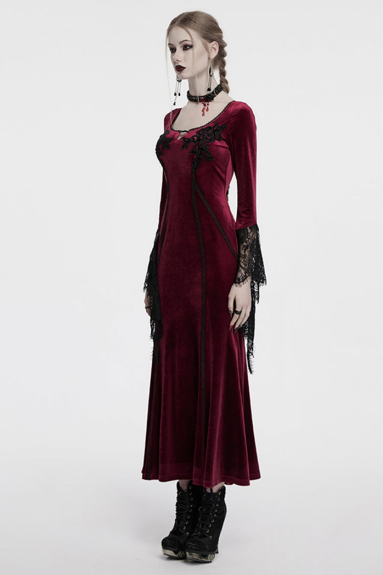Crimson Floral Stitched Lace Gothic Evening Gown