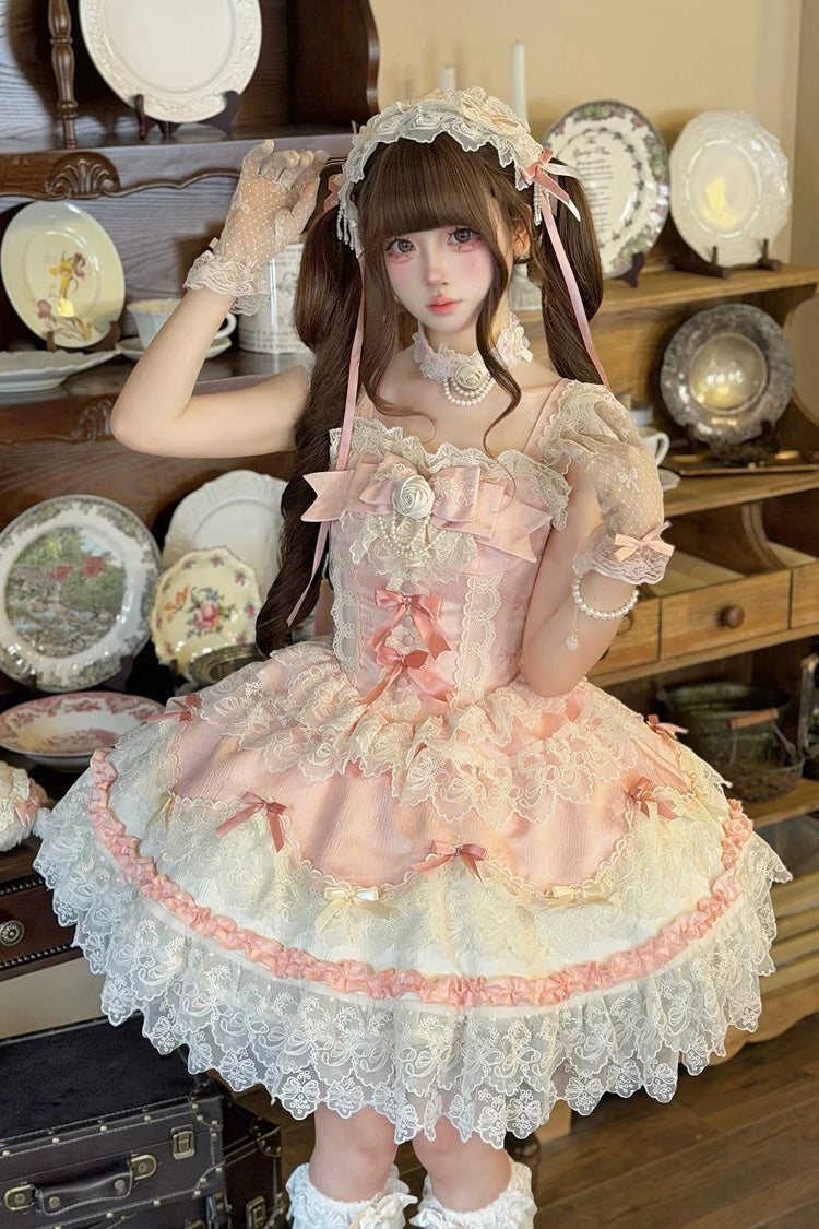 Pink Square Neck Ruffled Bow Lace Ballet Sweet JSK Dress - Rose Feather Romance