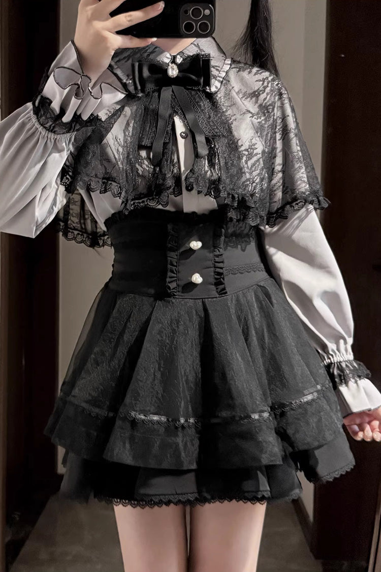 [Law of Disorder] Lapel Collar Long Sleeves Bow Lace Sweet Jirai Kei Skirt and Top 3 Colors