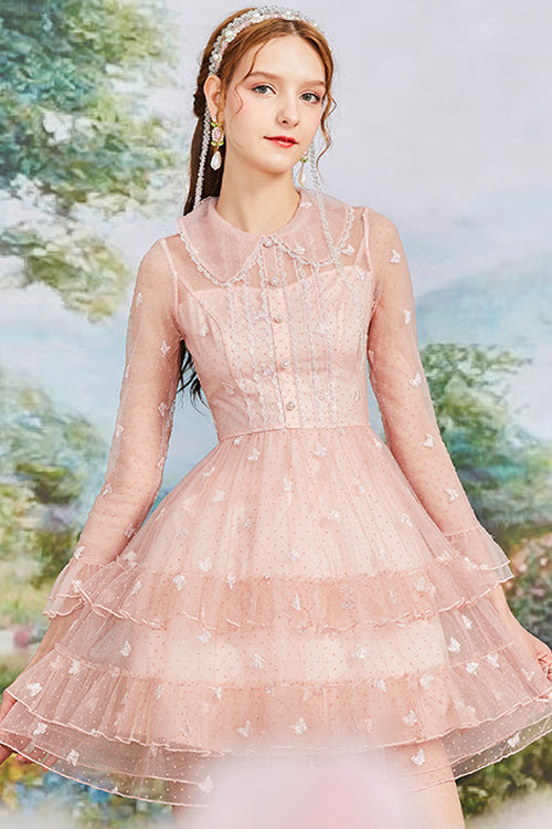 Blush Vintage French Doll Neckline Ruffle Long Sleeve Mesh Embroidered Sweet Lolita One-Piece