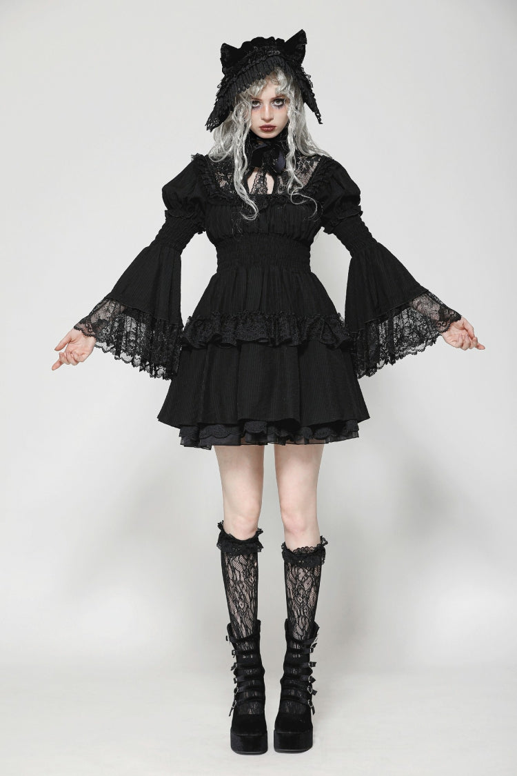 Gothic Victorian-Inspired Black Lace Ruffled High-Neck Puff-Sleeve Cutout Maxi Gown