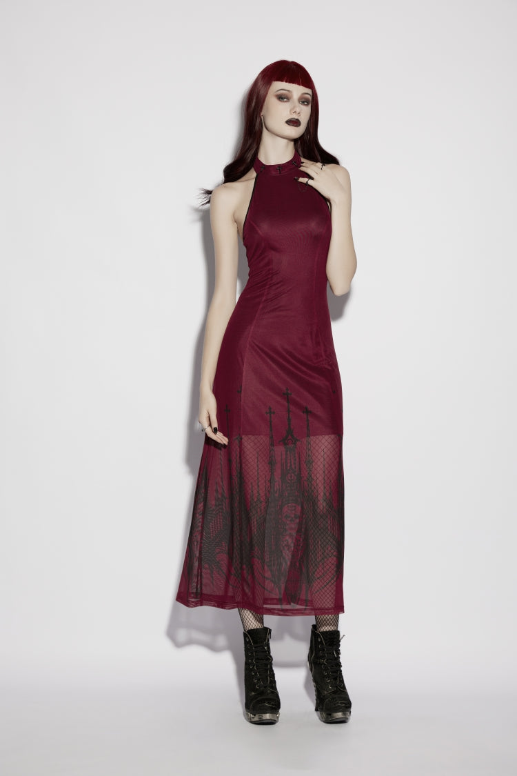 Red Halterneck Sleeveless Double-Layer Church Skull Printed Lace-Up Slim Gothic Dress