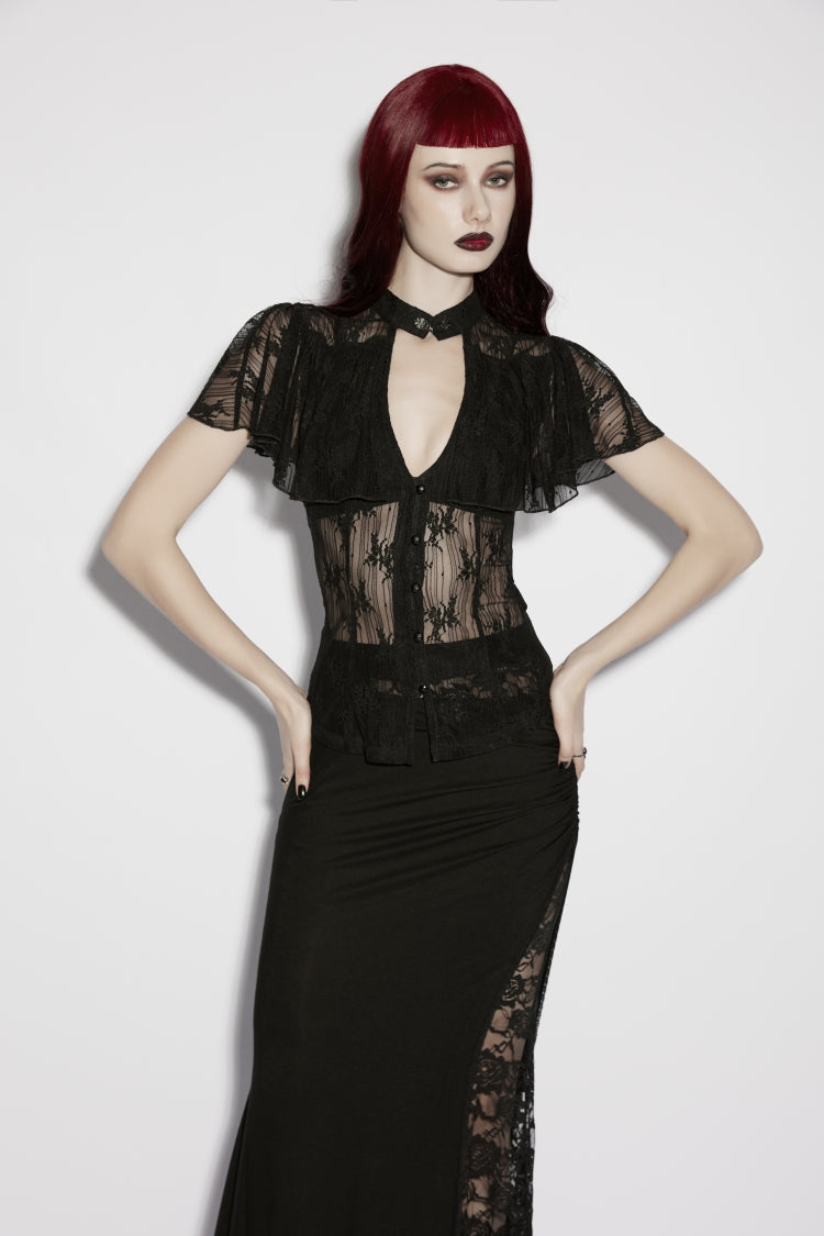 Cosplay Gothic Blouse with Lace-Up and Cutout Details