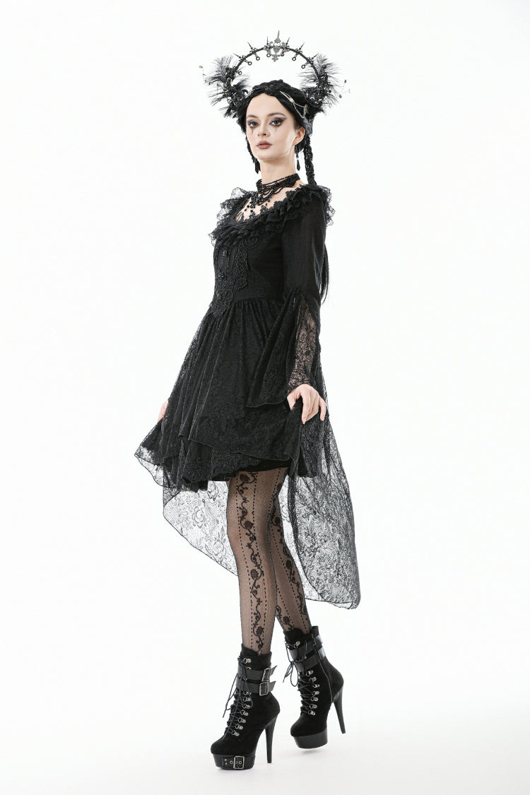 Gothic Black Lace Boat-Neck Trumpet-Sleeve High-Low Hem Elegant Long Gown