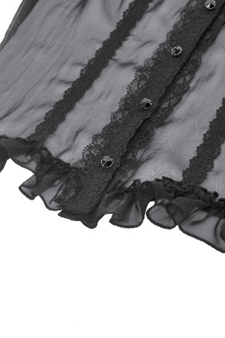Courtly Gothic Blouse with Puff Sleeves and Lace, Black