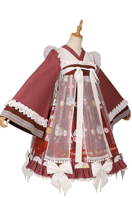 Chinese-Style Cat Print Lolita OP Dress with Trumpet Sleeves