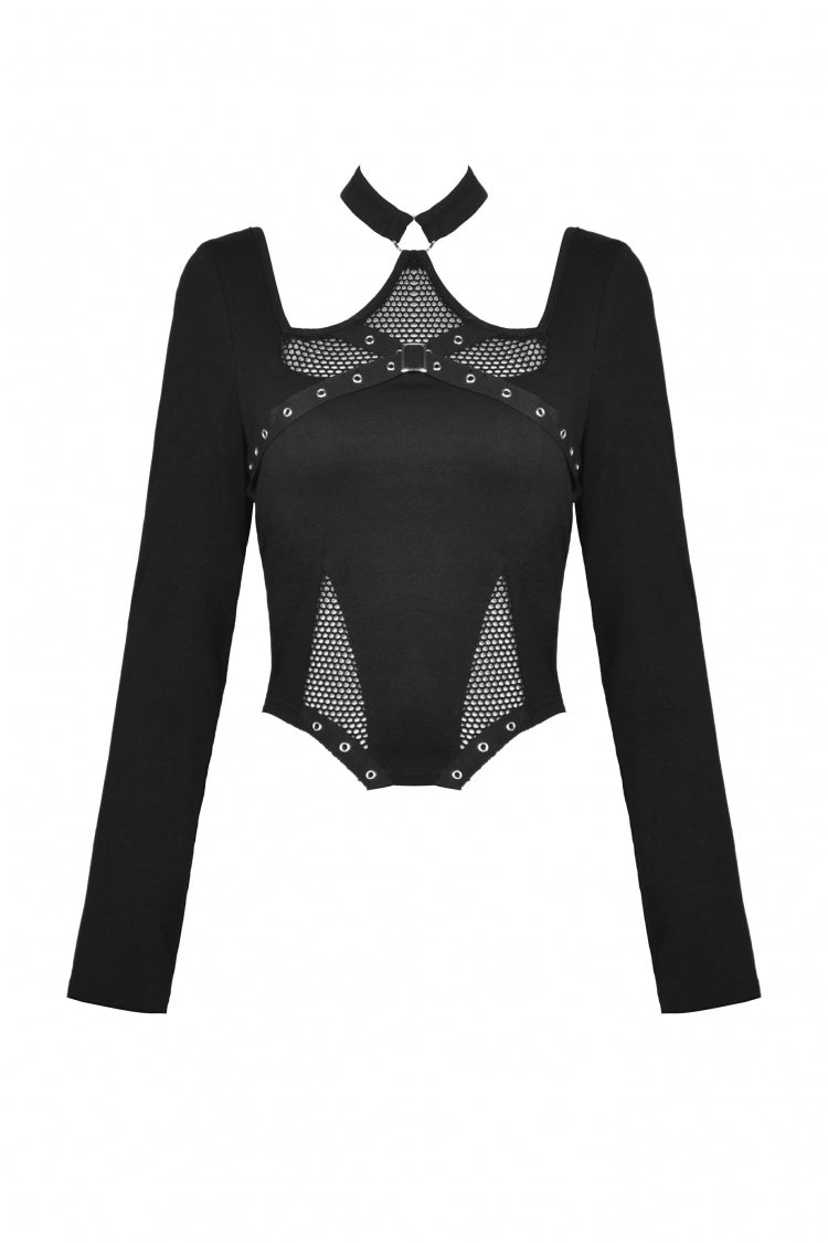 Trendy Black Eyelet Mesh Splice Long Sleeve Halter Punk Crop Top