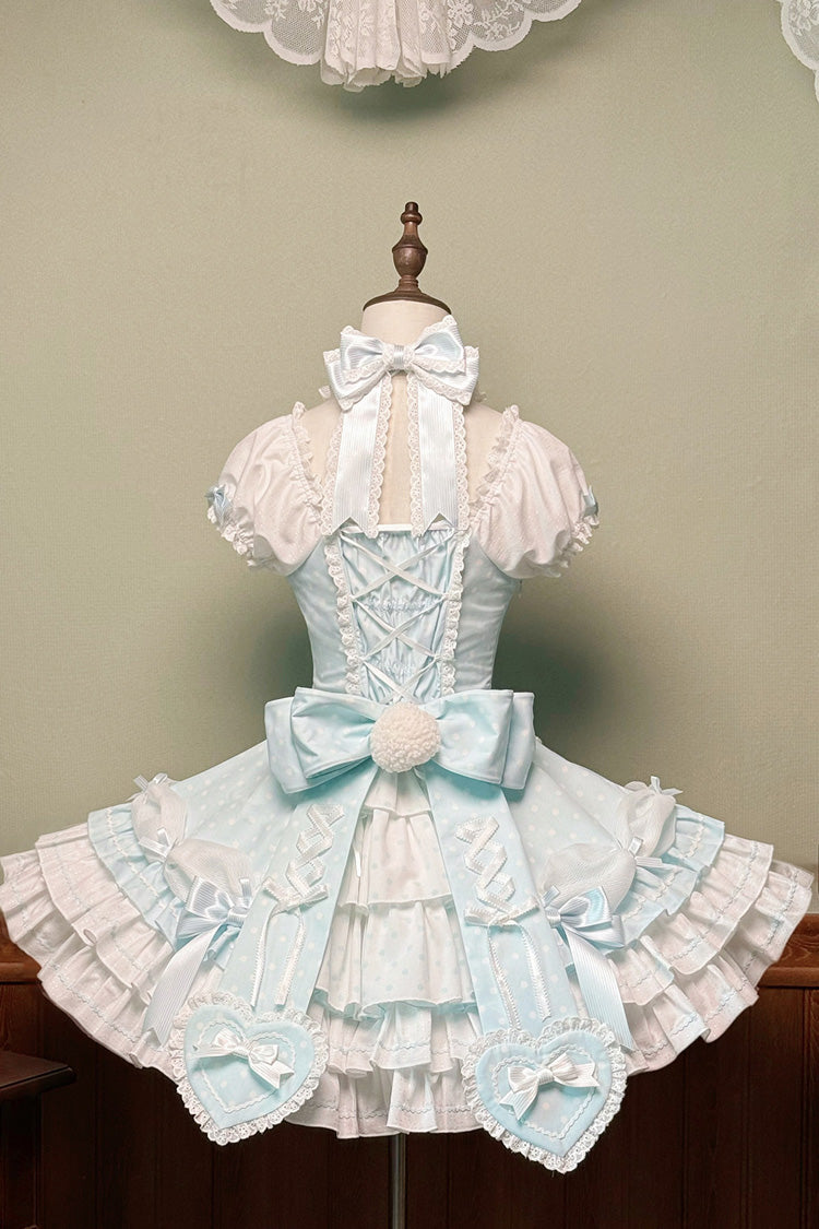 Blue Halterneck Short Sleeve Triple-Layered Polka Dot Bow Lace-Up Sweet Dress