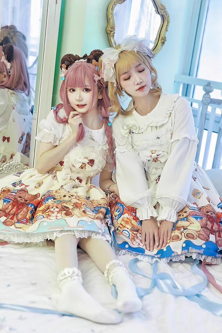Honey Bear Cafe Printed Bow Lace Sweet Lolita JSK Dress