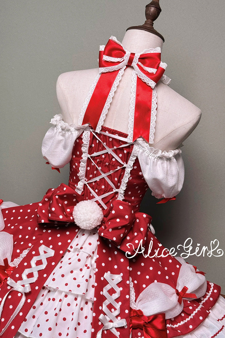 Wine Red Halterneck Short Sleeve Triple-Layered Polka Dot Bow Lace-Up Sweet Dress