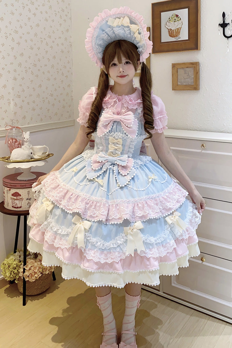 Blue Pink Fondant Cake Sleeveless Layered Ruffle Bow Lace Sweet Jsk Dress