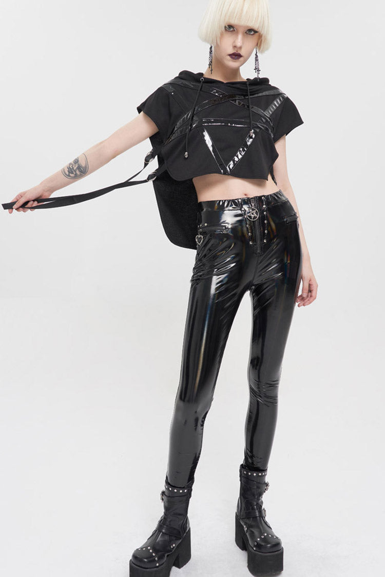 Punk Hoodie Tee with Pentagram Print and Leather Accents