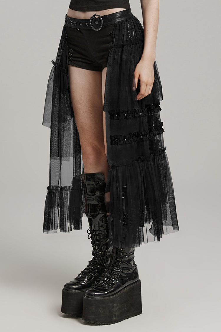 Steampunk Mesh Buckle Long Overskirt with Ruffles - Three Colors