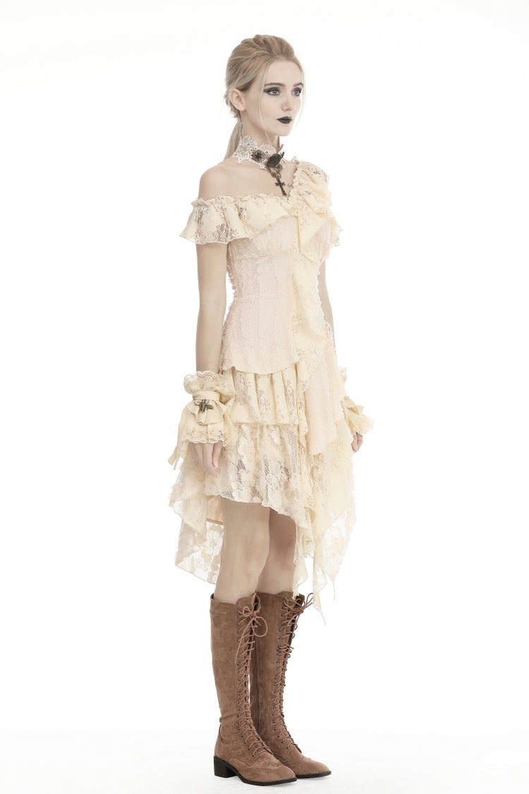 Beige Irregular Multi-Layer Ruffled Lace Steampunk Vintage Dress